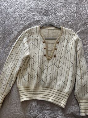 Cream Button-Accent V-Neck Women's Sweater